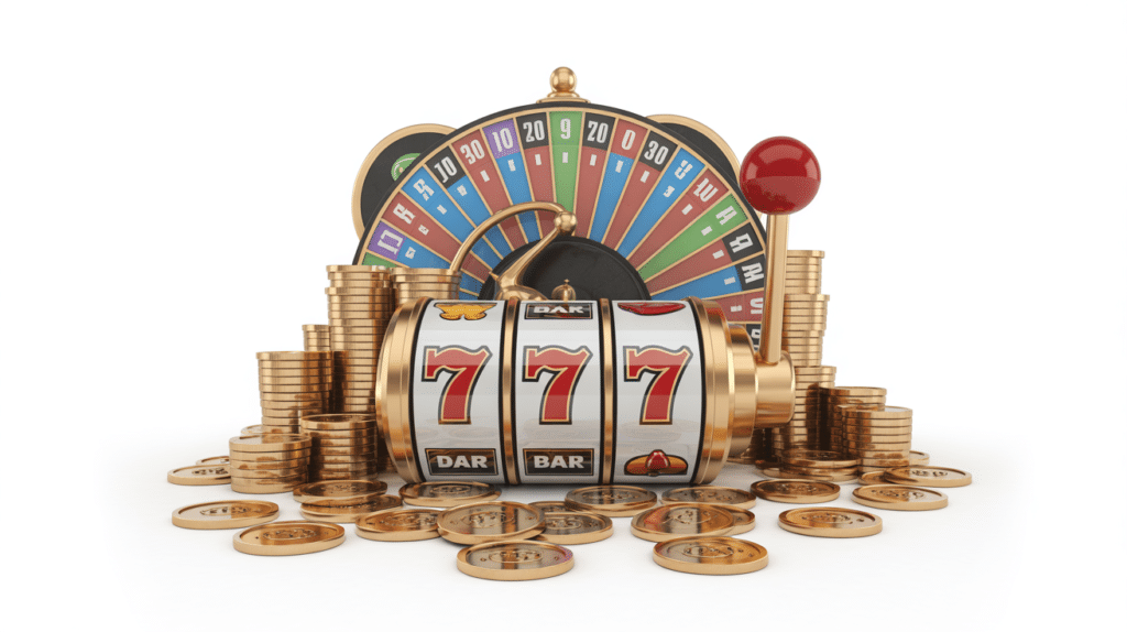 Spilleautomater og slots med farverige symboler og guldmønter